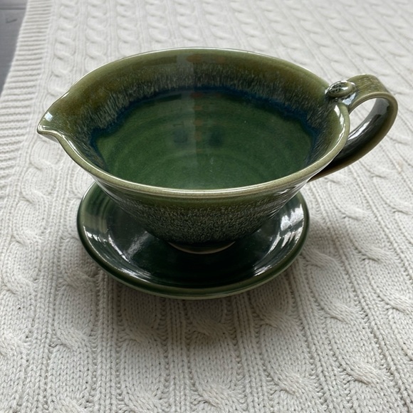 Other - Pottery bowl with spout/handle & saucer. Blues and greens glazed Makers mark